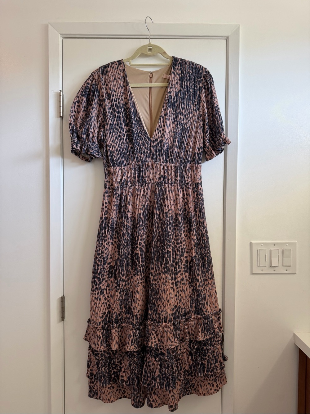 Hutch Pink and Black Printed V-Neck Ruffle Midi Dress